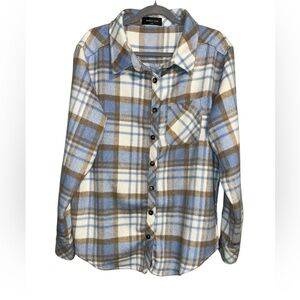 White Fox Boutique Blue, Brown & White Plaid Button-Down Shirt